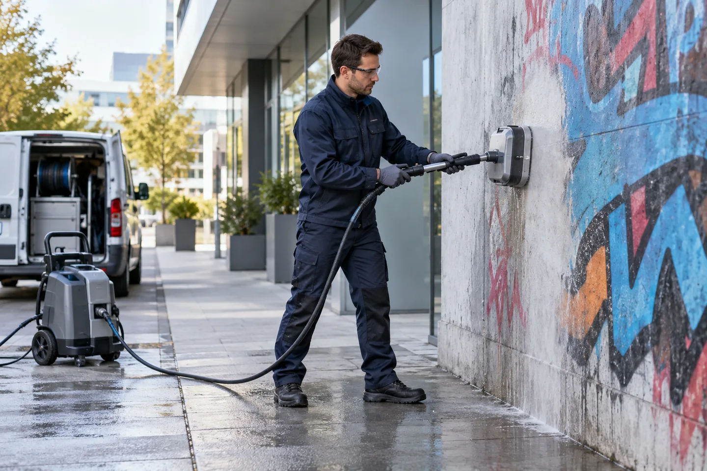 Professionelle Graffitientfernung an einer Außenwand
